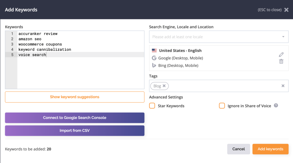 Control panel for adding keywords to AccuRanker